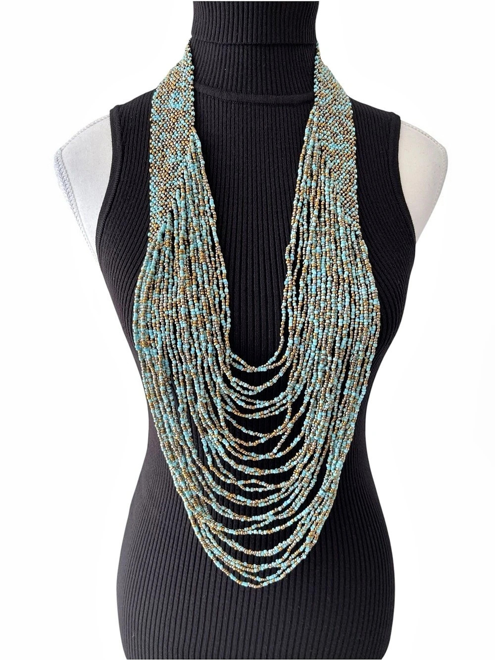 Multistrand Handmade Beaded Necklace in Blue & Bronze Like New